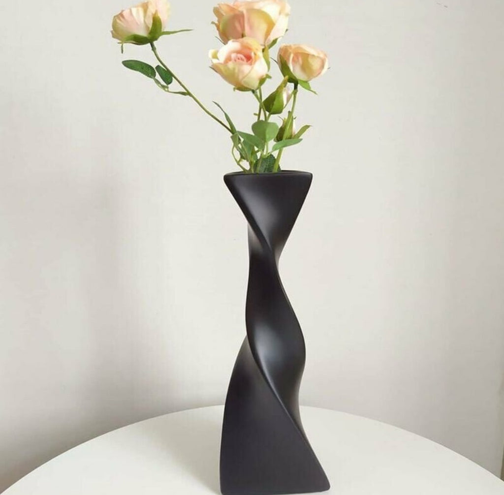 Modern Twist-Design Matte Black Ceramic Vase