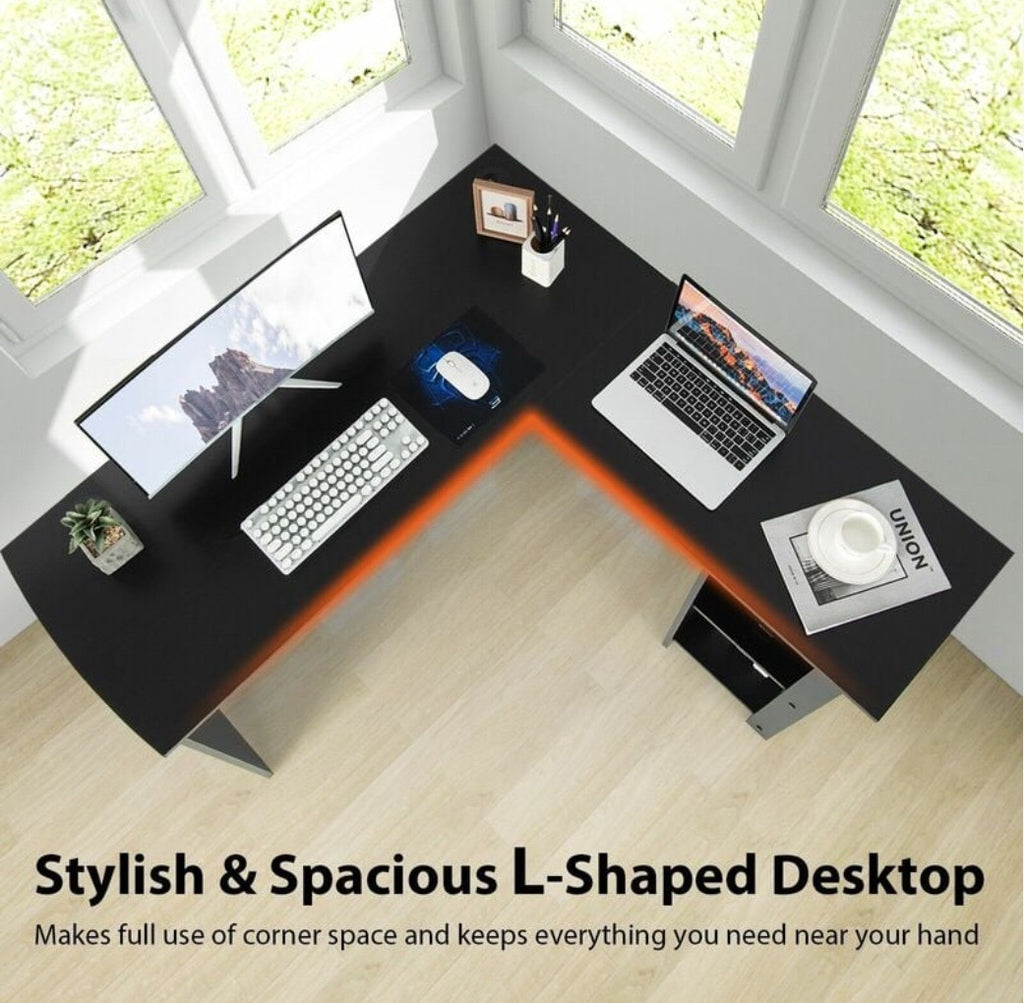 L-Shaped Corner Computer Desk with 2-Tier Shelf