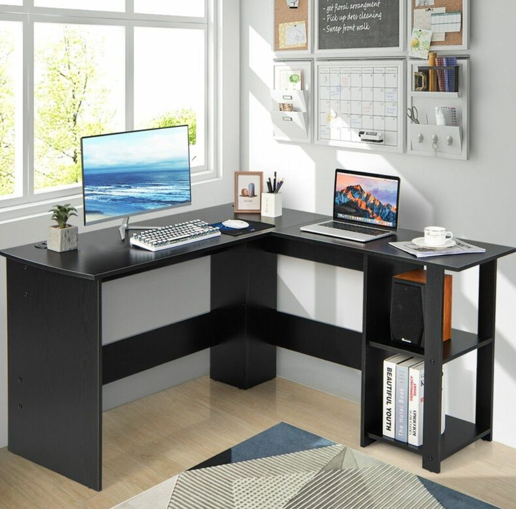 L-Shaped Corner Computer Desk with 2-Tier Shelf