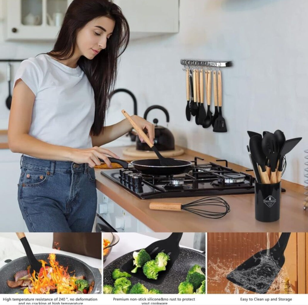 Silicone and Wood Kitchen Utensil Set