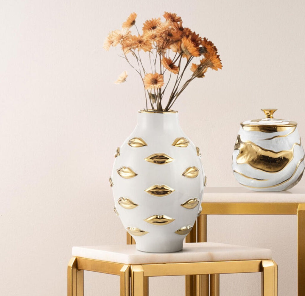 Handmade White Ceramic Vase with Gold