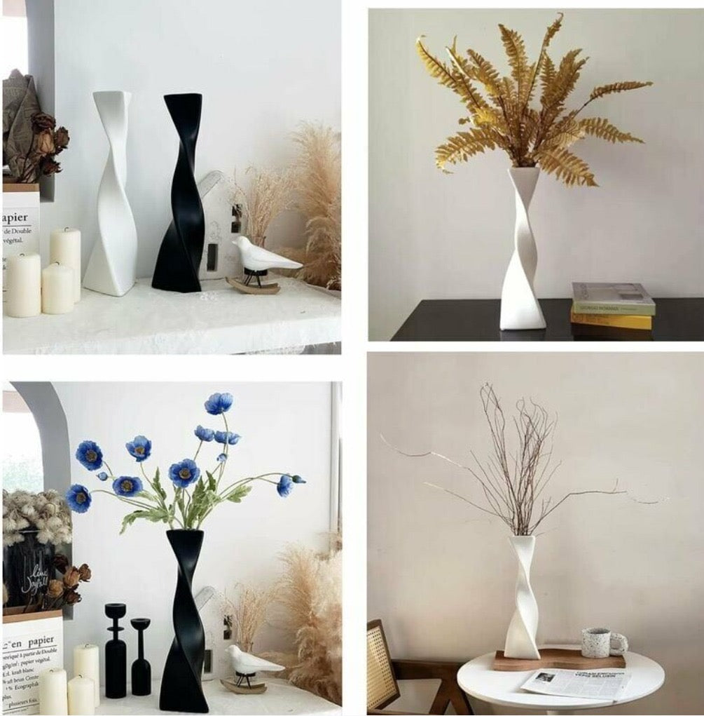 Modern Twist-Design Matte Black Ceramic Vase