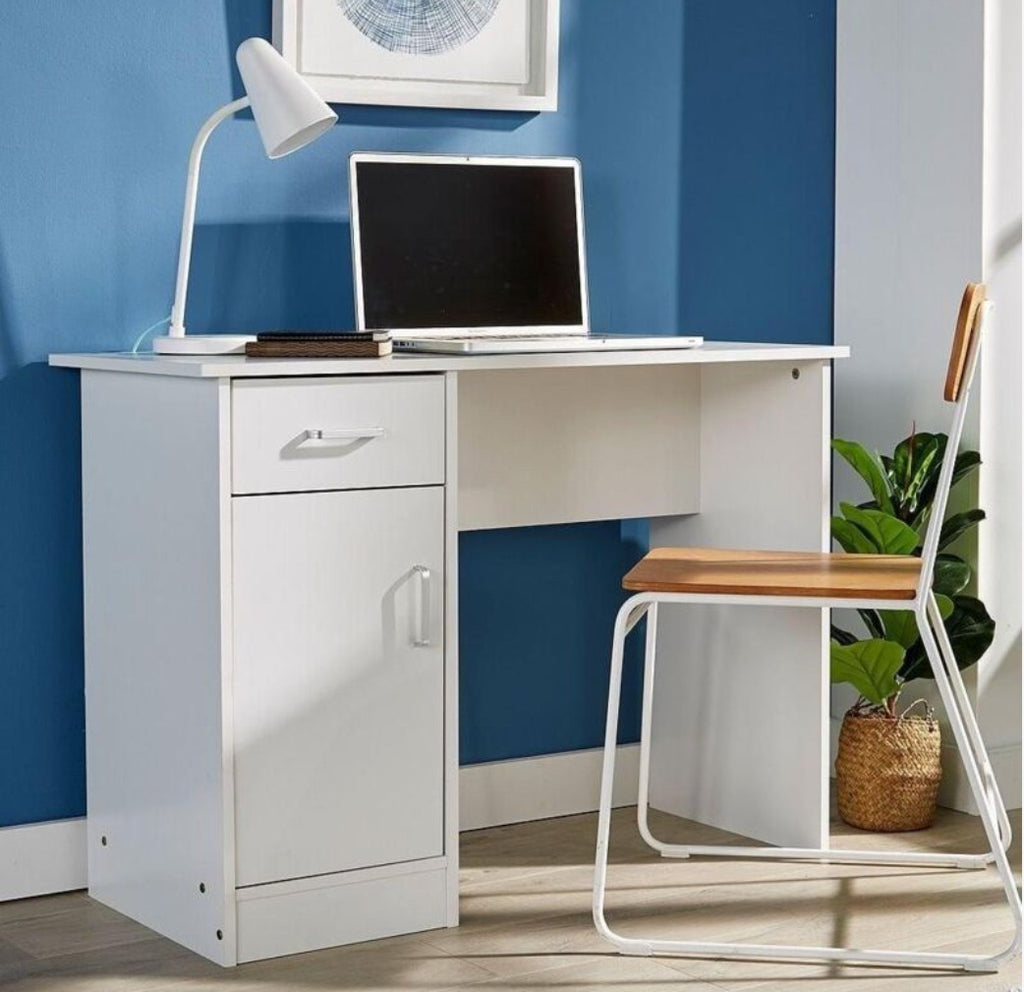 Compact White Computer Desk with Drawer & Cabinet
