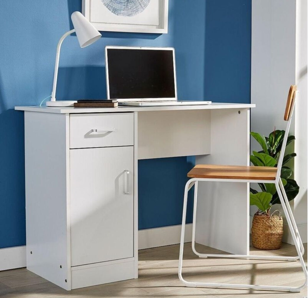 Compact White Computer Desk with Drawer & Cabinet