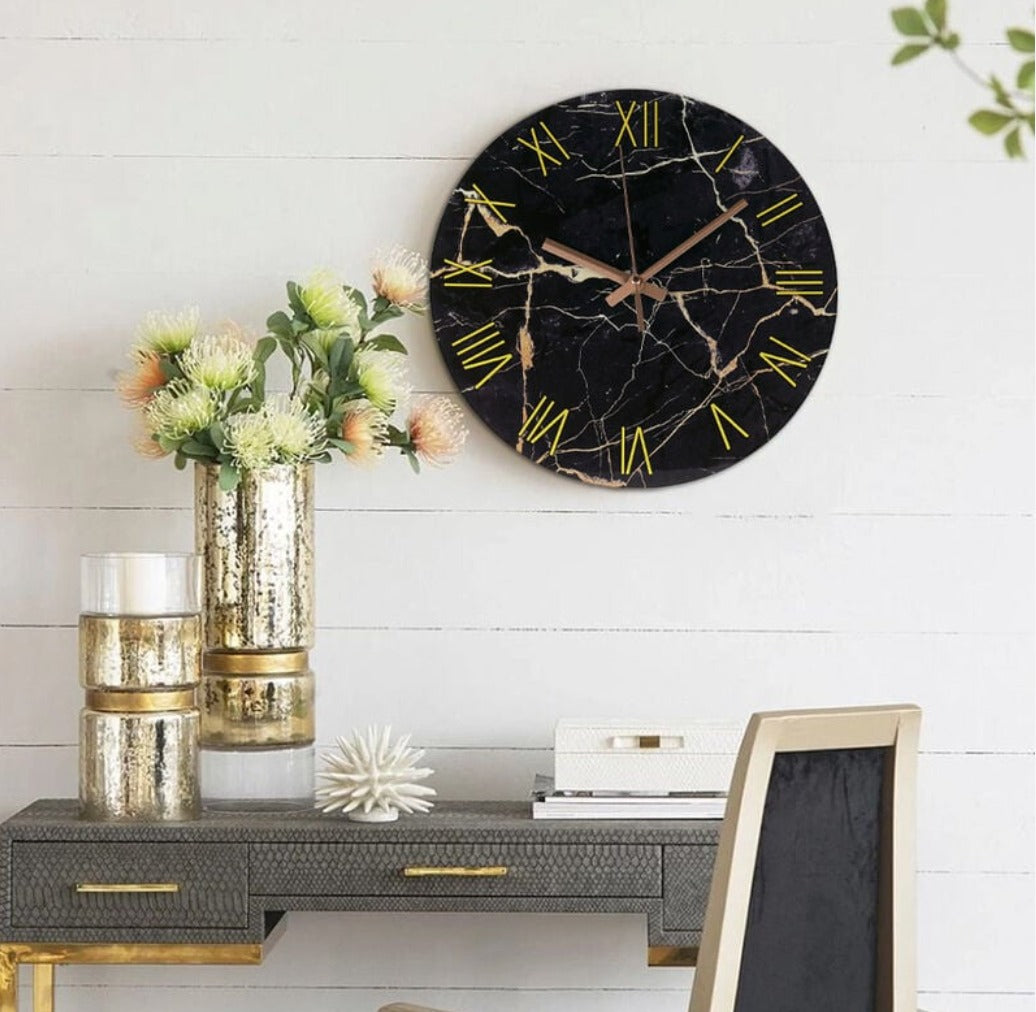 Black Marble Roman Numeral Wall Clock