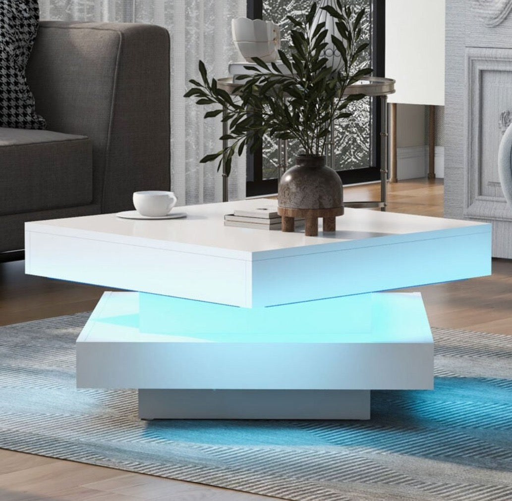 Modern High-Gloss LED Coffee Table with 360° Rotating Top