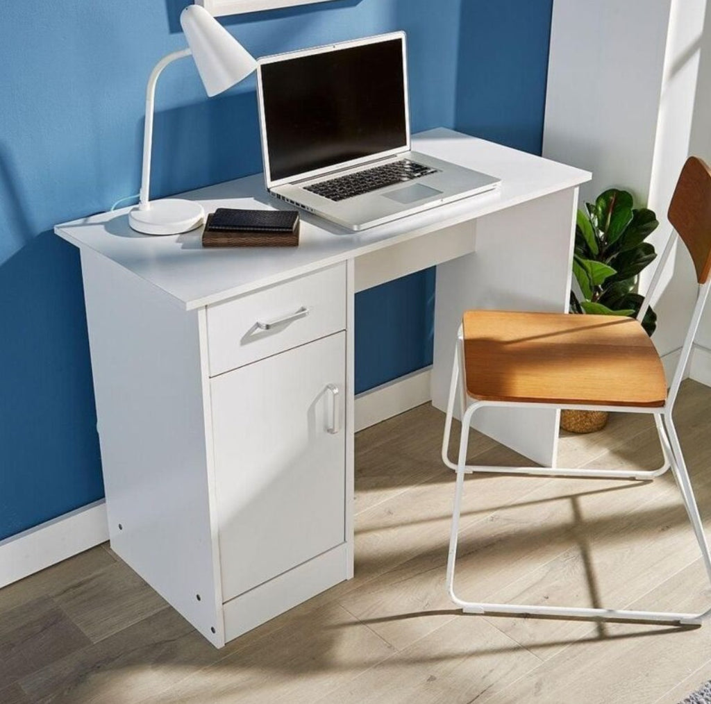 Compact White Computer Desk with Drawer & Cabinet