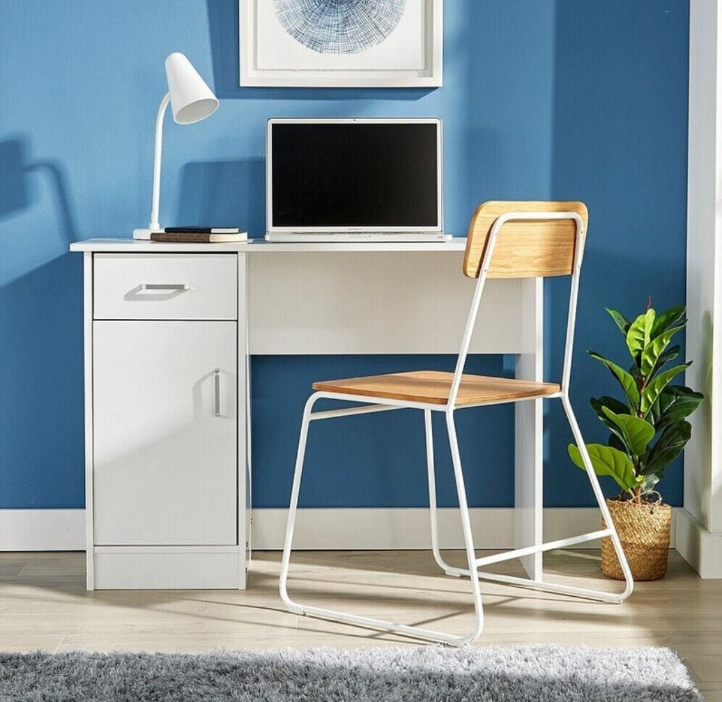 Compact White Computer Desk with Drawer & Cabinet