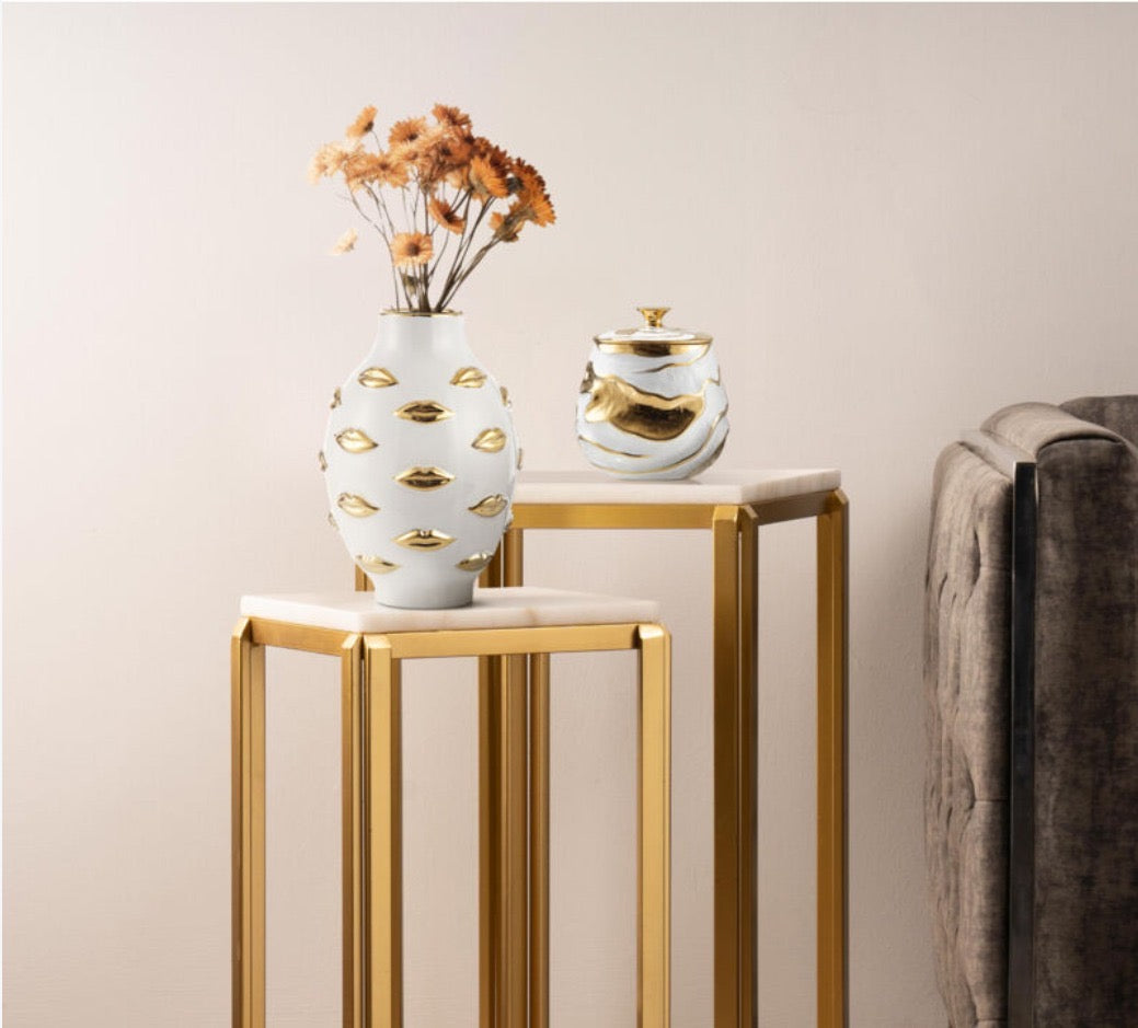 Handmade White Ceramic Vase with Gold