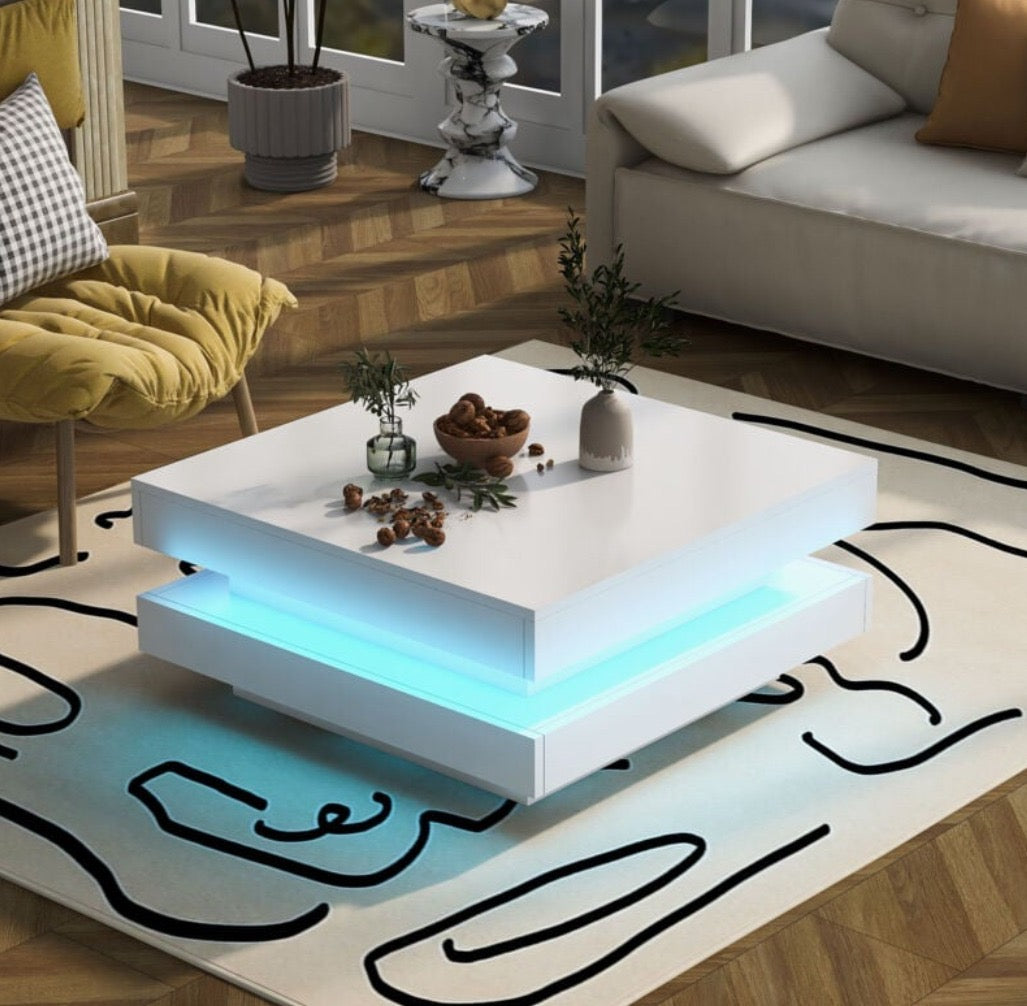 Modern High-Gloss LED Coffee Table with 360° Rotating Top
